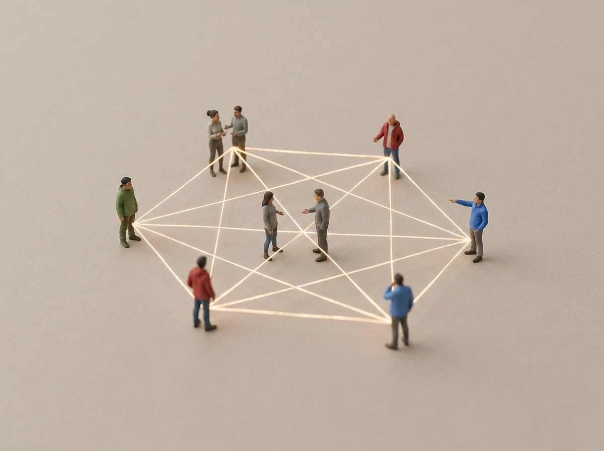 Miniature figures linked by glowing threads forming a network: who you know over where you go.