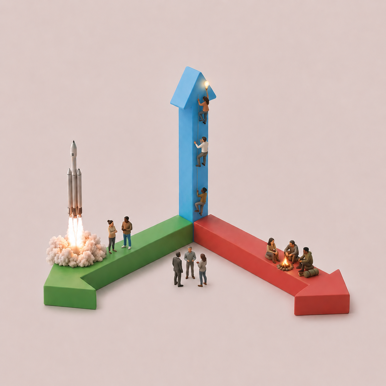 Three arrows: a rocket launching, figures climbing towards a light bulb, and a diverse team around a fire, representing Further, Better, Together.